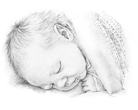 Newborn baby. Pencil drawing by Margaret Scanlan Portrait Au Crayon, Figure Sketches, Baby Sketch, Drawing Kids, Pencil Portrait Drawing, Drawing Realistic, Pencil Portraits, Pencil Drawing Tutorials, Mother Art