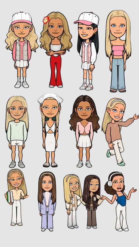 Spring Snapchat Outfits Bitmoji, Sporty Bitmoji Outfits, Summer Bitmoji Outfits 2024, Bitmoji Outfits Spring, Snapchat People, Pretty Bitmoji Ideas, Big Emoji, Bitmoji Inspo, Bitmoji Outfits Baddie