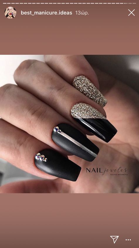 Achieving Long-Lasting Negative Space Nail Art for Long Nails Lux Nails Design, Black And Silver Nails With Rhinestones, Black Grey Silver Nails, Gunmetal Nails Design, Glitter Under Nails, Kerstnagels Glitter, Black Nails For Wedding, Sylwester Nails, Black And Glitter Nail Designs