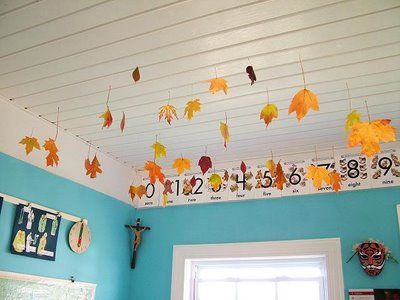 Tutorial: What to do with all those pretty leaves Daycare Rooms Decorations, Classroom Ceiling Decorations, Passionfruit Juice, Classroom Ceiling, Pretty Leaves, Preschool Decor, Fall Classroom Decorations, Infant Classroom, Bacardi Rum