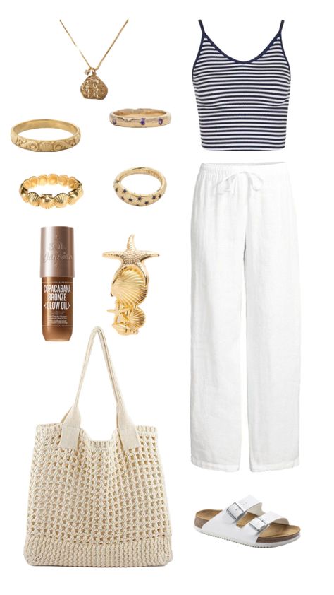 #summer #summeroutfit #beach #beachaesthetic #beachday #beachfit #beachoutfit #shells #gold #white #blue #birkenstocks #tanktop #linen #linenpants #goldjewelry #necklace #rings #soldejaneiro #bronzingdrops White Birkenstock Outfit, Blue Birkenstocks, White Birkenstock, White Birkenstocks, Linen Pants Outfit, Birkenstock Outfit, Transition Outfits, Cute Everyday Outfits, Spring Summer Outfits