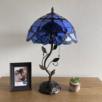 Metal Resin Base with bronze finish .Each piece of stained glass is hand-soldered into place using the traditional copper foil technique. | Astoria Grand Meryem Tiffany Table Lamp Blue Stained Glass Baroque Style LED Bulbs Included 14"W*14"D*24"H blue | C110193743 | Wayfair Canada Stained Glass Bedroom Aesthetic, Victorian Style Room Decor, Blue Lamp Aesthetic, Blue Vintage Decor, Pretty House Decor, Enchanted Room Decor, Antique Table Lamp, Whimsigoth Lamp, Cool Antiques