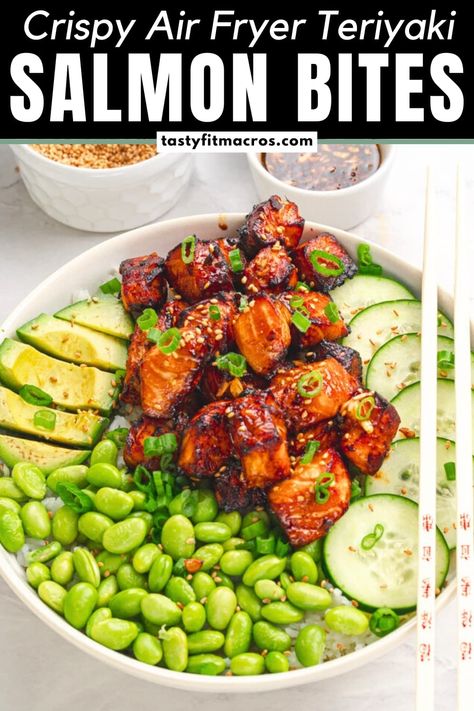 OMG! Just tried these air fryer teriyaki salmon bites and it’s so delicious! Crispy on the outside, moist and flaky inside, and ready in less than 10 minutes. So easy, perfect for meal prep, and healthy too. They've become my go-to for busy lunches and hectic weeknights. Absolutely obsessed! Teriyaki Salmon Bites, Macros Recipes, Salmon Bites Recipe, Salmon Bites, Protein Packed Meals, Teriyaki Salmon, Easy Air Fryer, Air Fryer Dinner Recipes, Prep Recipes