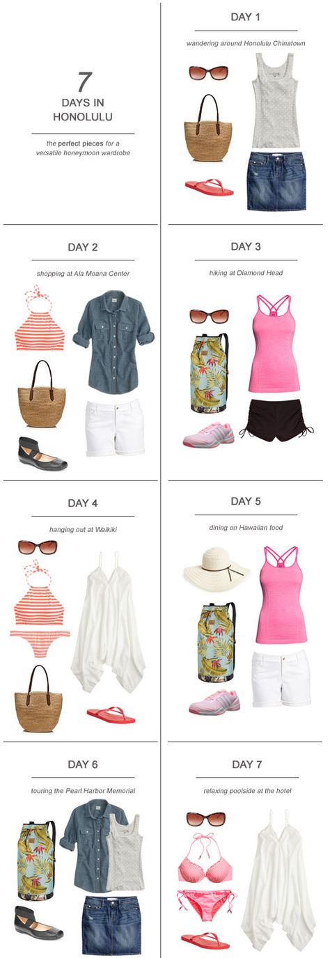 7 Days in Honolulu : The Perfect Pieces for a Versatile Honeymoon Wardrobe What To Pack For 10 Days In Hawaii, Week In Hawaii Packing List, Hawaii Outfits Pregnant, Pack With Me For Hawaii, Hawaii Honeymoon Packing List, Honeymoon Wardrobe, Hawaii Outfits, Beach Vacation Outfits, Travel Capsule Wardrobe