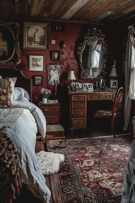 15 Dark Cottagecore Bedroom Interior Designs You Will Love! - My Decor Inspo Witches Bedroom Aesthetic, Dark Academia Bedroom Inspo Vintage, Romantic Goth Room Decor, Dark Vintage Aesthetic Room, Vintage Inspired Bedroom Ideas, Dark Antique Bedroom, Dark Romantic Decor, Vintage Apartment Aesthetic Bedroom, Dark Cottagecore Interior