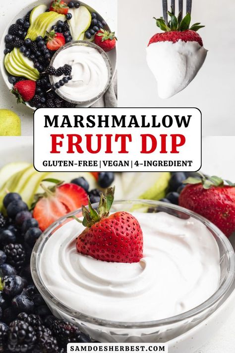 Dairy Free Dessert Dip, Marshmallow Fruit Dip, Dairy Free Dips, Dairy Free Appetizers, Fruit Dips Recipes, Vegan Marshmallows, Summer Sweets, Free Fruit, Dessert Dips