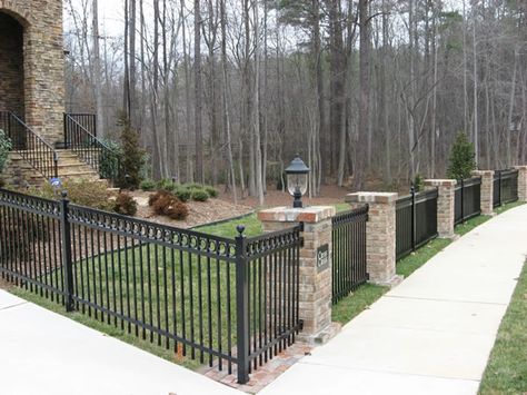 Ornamental Aluminum with Rings Colonial Landscaping, Fence Construction, Metal Fence Panels, Brick Columns, Brick Fence, Fence Styles, Deck Designs Backyard, Front Yard Fence, Stone Columns