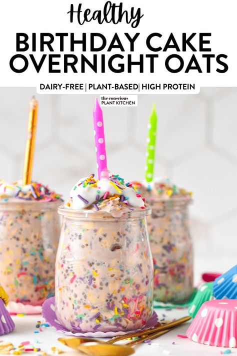 This Birthday Overnight Oats is the perfect healthy birthday breakfast packed with proteins, fiber, and lovely confetti sprinkles to bring happiness on your special day. Healthy Birthday Breakfast, Birthday Cake Overnight Oats, Overnight Oats Vegan, Cake Overnight Oats, Healthy Birthday Cakes, Boba Tea Recipe, Best Overnight Oats Recipe, Healthy Birthday, Protein Overnight Oats