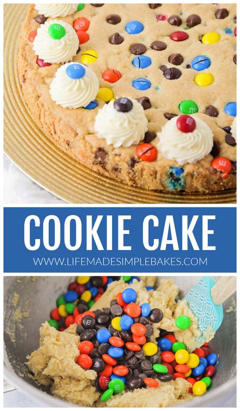 This giant chocolate chip and M&M cookie cake is soft and chewy with a crunchy buttery crust. It is perfect for celebrations! #cookiecake #cookie #cake #dessert #birthdaycake Giant Cookie Cake Recipe, Giant Cookie Cake, Ice Cream Birthday Cake, Cookie Cake Birthday, Giant Chocolate, Giant Cookie, Cookie Cake Recipe, Vanilla Bean Ice Cream, Cookie Pops