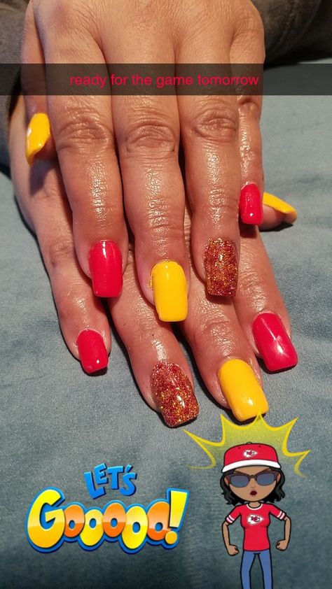 red & yellow glitter Chiefs design Red And Yellow Nails Acrylic, Red And Yellow Nail Designs, Kansas City Chiefs Nails Designs, Red And Yellow Nails, Kansas City Chiefs Nails, Chiefs Nails, Kc Chiefs Nails, Football Nail Designs, Red Nails Glitter