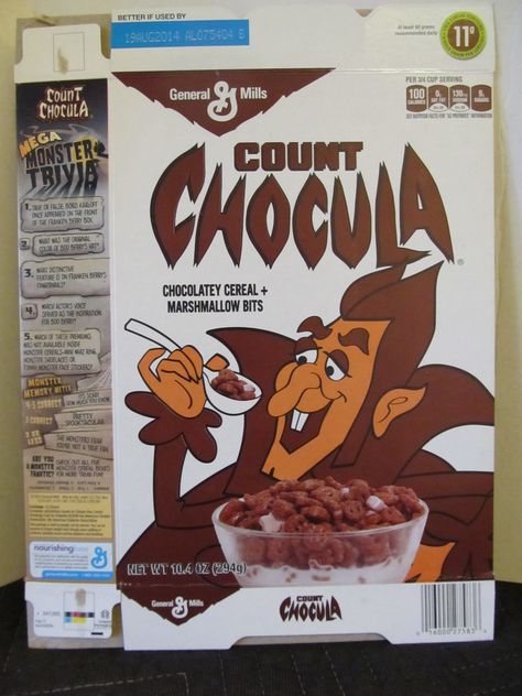 Count Chocula Cereal. (Re-release package, vintage style box, 2013) Count Chocula Cereal, Count Chocula, Marshmallow Cereal, Cereal Packaging, Food Hunter, Cereal Killer, General Mills, Yummy Mummy, Style Box