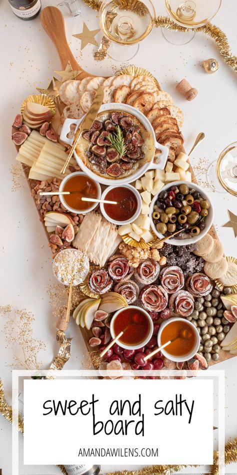 This sweet and salty appetizer and dessert board is perfect for New Year's Eve. sweet and salty snacks│sweet and salty snack boards│sweet and salty snack ideas │sweet and salty snacks parties │grazing board ideas │grazing board parties │grazing board diy | Amanda Wilens #partyfoods #entertaining Grazing Board Ideas, Snack Boards, Apple Rose, Grazing Board, Charcuterie Inspiration, Chocolate Covered Cherries, Food Appetizers, Snack Board, Candied Ginger