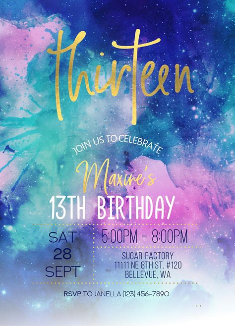 Galaxy Watercolor Gold Birthday Invitation 13th Birthday Purple Galaxy Birthday Party Ideas, Galaxy Birthday Card Ideas, Galaxy Invitations Birthday, Galaxy Theme Invitation Card, Celestial Birthday Invitation, Teen Birthday Invitations, Marble Invitation, 13th Birthday Invitations, Thirteenth Birthday