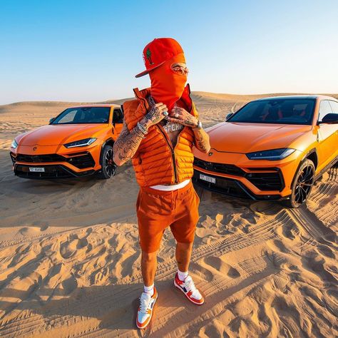 Sfera Ebbasta Outfit from April 4, 2023 | WHAT’S ON THE STAR? Orange Waistcoat, Orange Field, Off White Out Of Office, Cartier Gold, Save Outfits, Tennis Socks, Drip Outfit Men, Balenciaga Logo, Logo Knit