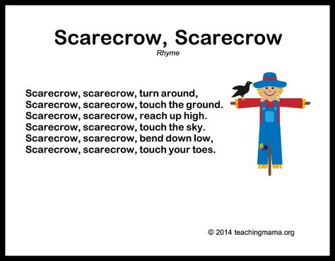 10 Autumn Songs for Preschoolers. Many of these are tied to movement! Especially love the Scarecrow Rhyme, which allows for lots of stretching high and low. Add in some cross-lateral movements too (left arm pats right knee, switch) for great brain integration! Find more resources for brain-friendly movement at www.littletwistersyoga.com November Songs, Scarecrow Song, Prek Songs, Preschool Harvest, Autumn Songs, Songs For Preschoolers, Scarecrow Craft, Autumn Song, Harvest Songs