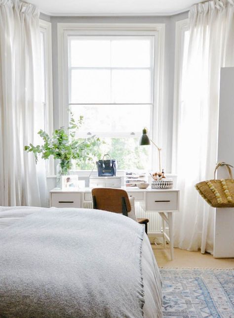 Creating the Perfect Bedroom Office Space - Anita Yokota Bedroom Desk Layout, Bedroom Office Space, Window Desk, Bedroom Workspace, Ikea Curtains, Bow Window, Bedroom Desk, Perfect Bedroom, Trendy Bedroom