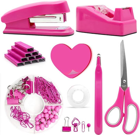 Hot Pink Office Supplies, UPIHO Hot Pink Desk Accessories, Stapler and Tape Dispenser Set for Women with Stapler, Tape Dispenser, Staple Remover, Staples, Clips, Scissor and Sticky Notes for Students Hot Pink Desk, Hot Pink Office, Purple Office Supplies, Pink Desk Accessories, Gold Office Supplies, Pink Office Supplies, Notes For Students, Office Desk Supplies, Rose Gold Office