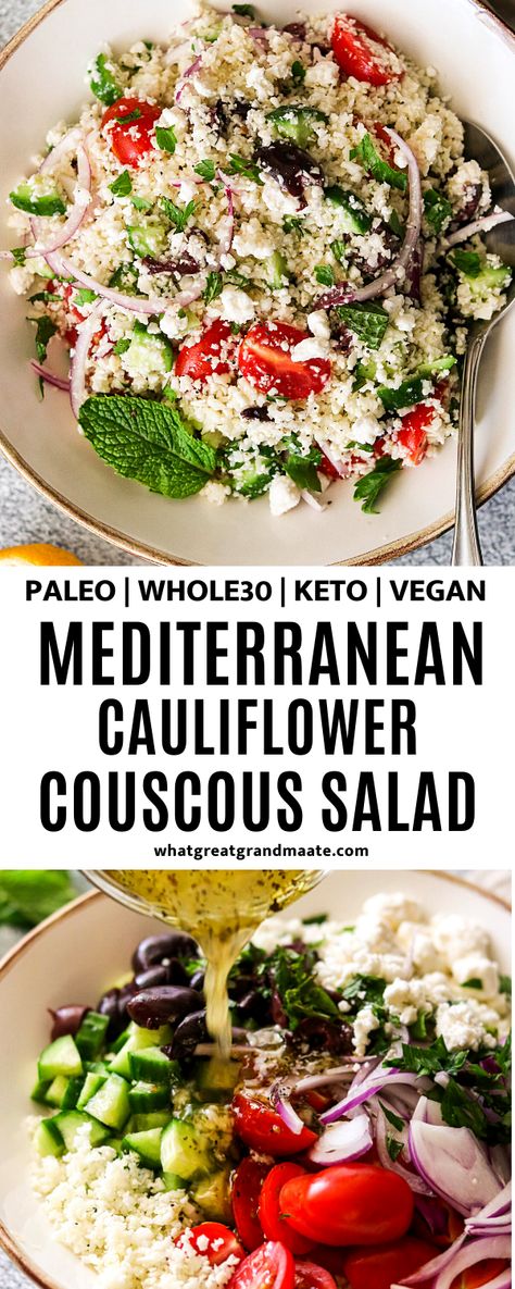 Cauliflower Mediterranean Salad, Cauliflower Couscous Salad, Keto Couscous Recipes, Whole30 Salads, Paleo Mediterranean, Keto 2023, Mediterranean Cauliflower, Packable Lunches, Cauliflower Couscous