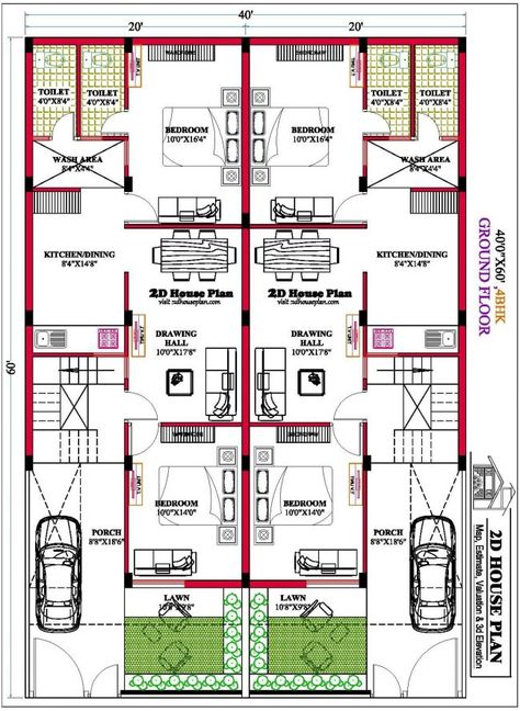 40 60 house plan in this house plan 4 bedrooms 2 big living hall, kitchen with dining, 4 toilet, etc. 2400 sqft house plan with all dimension details. 40 60 House Plans, 40×60 House Plans, 60 House, 40x60 House Plans, Unique House Plans, Affordable House Plans, Hall Kitchen, Living Hall, Building House Plans Designs