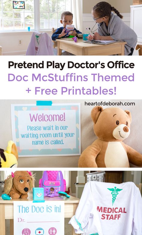 Preschoolers and young children love pretend play! Set up your own DIY pretend play doctor's office with these doctors printables. We used a Disney Junior Doc McStuffins theme and quickly set up our dramatic play center! #DocMcStuffins #Disney How To Play Doctor, Diy Doctors Office Pretend Play, Diy Doctor Office Pretend Play, Free Printable Doctor Pretend Play, Doctor Play Printables, Doctor Equipment, Diy Pretend Play, Medical Play, Pet Study