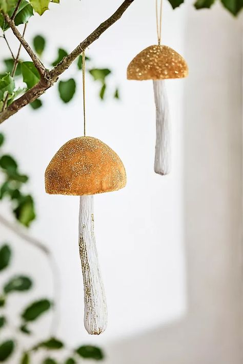 Holiday Décor | AnthroLiving Velvet Mushroom Ornaments, Paper Mache Furniture Diy, Paper Mache Mushroom, Paper Mache Christmas Ornaments, Paper Mache Decor, Paper Mache Jewelry, Paper Mache Christmas, Work Decor, Acorn Ornaments