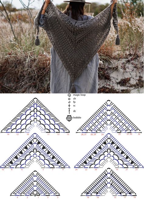 Crochet Triangle Pattern, Crochet Shawl Tutorial, Triangle Scarf Crochet Pattern, Crochet Shawl Diagram, Crochet Triangle Scarf, Crochet Lace Shawl, شال كروشيه, Crochet Shawl Pattern Free, Crochet Triangle