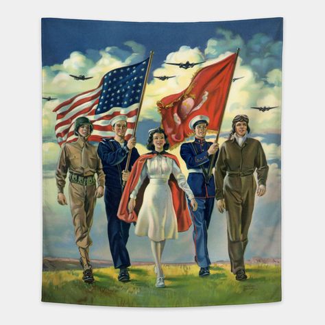 Vintage illustration fourth of July design featuring military personnel. -- Choose from our vast selection of tapestries to match with your desired size to make the perfect custom tapestry. Pick your favorite: Movies, TV Shows, Art, and so much more! Available in small, medium, large. Perfect for decorations in apartments, bedrooms, and dorm rooms. 4 July Usa, Patriotic Images, Patriotic Quotes, Patriotic Pictures, Vintage Patriotic, Patriotic Art, Buku Harry Potter, Painting Competition, National Heroes