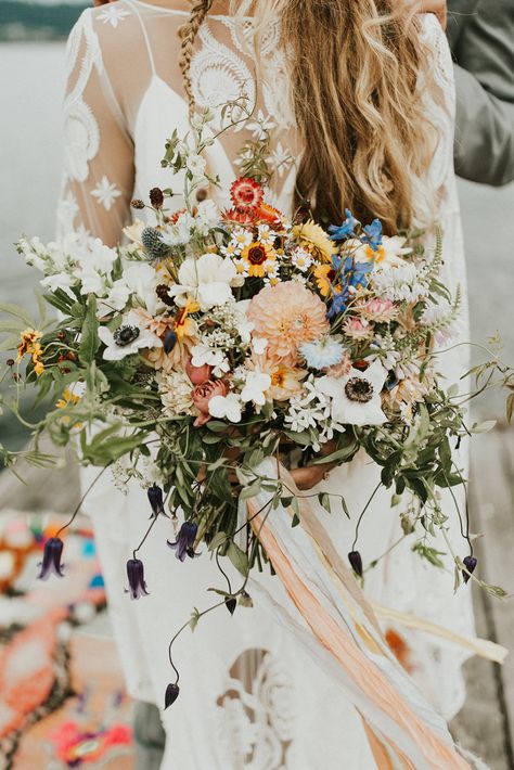 Boho Lakeside Wedding | Washington Wedding | Colorful Wild Flower Bouquet | The Greatest Adventure Weddings & Elopements | Rue de Seine | Petals by Piper | Marcella Laine Photography Wildflower Wedding Bouquet, Sunflower Wedding Bouquet, Boho Wedding Bouquet, Wedding Petals, Lakeside Wedding, Wedding Vision, Wildflower Bouquet, Washington Weddings, Wildflower Wedding