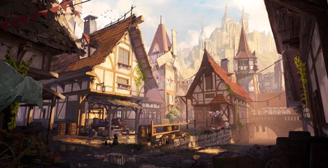 "Medieval Town" by N S Town Drawing, City Artwork, Fantasy Town, Perspective Drawing Architecture, Fantasy Background, Château Fort, Landscape Concept, Building Art, Fantasy House