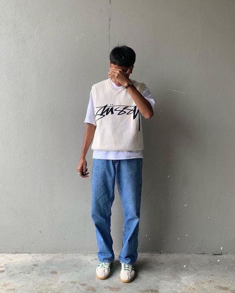 Stussy Outfit Men, Stussy Outfits, White Shoes Outfit Men, Adidas Samba Outfit Mens, Stussy Outfit, Style Outfits Men, Adidas Outfit Men, Samba Classic, White Tee Men