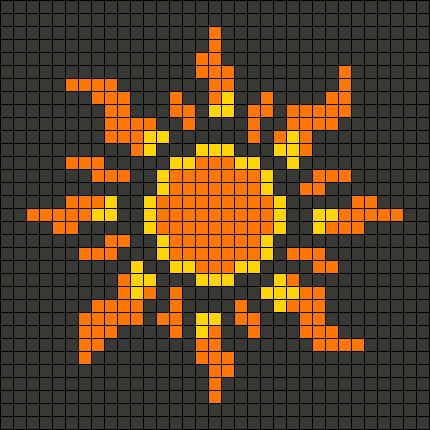 Alpha pattern #40486 | BraceletBook Sun Cross Stitch Pattern Free, Pixel Art Sun And Moon, Minecraft Sun Pattern, Sun Knitting Chart, Fun Cross Stitch Patterns, Sun Pixel Art, Pixel Art Nature, Cross Stitch Sun, Sun Cross Stitch Pattern