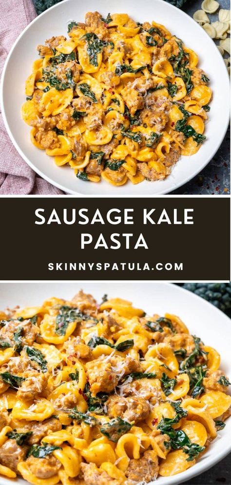 Sausage Kale Pasta – Skinny Spatula Creamy Sausage And Kale Pasta, Healthy Dinner Recipes With Kale, Dishes With Kale, Sausage Kale Recipes, Kale Pasta Bake, Healthy Sausage Pasta, Whole 30 Pasta, Easy Hello Fresh Recipes, Meals With Kale