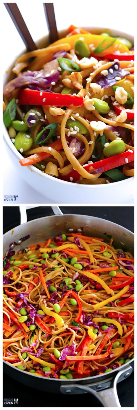 Rainbow Peanut Noodles -- made with a quick and easy peanut sauce, and ridiculously good! | gimmesomeoven.com Rainbow Peanut Noodles, Peanut Noodles Recipe, Easy Peanut Sauce, Pasta Food Recipes, Noodles Recipes, Peanut Noodles, Gimme Some Oven, Pasta Food, Carb Cycling