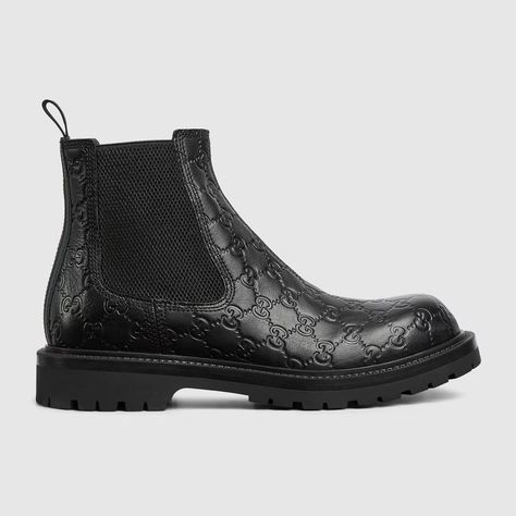 New Message - Men's boot with Web in black GG leather | GUCCI® US Gucci Boot, Message Man, Ankle Boots Men, Gucci Men, Red Stripe, Lug Sole, Boots Men, Shoes Mens, Ankle Boots