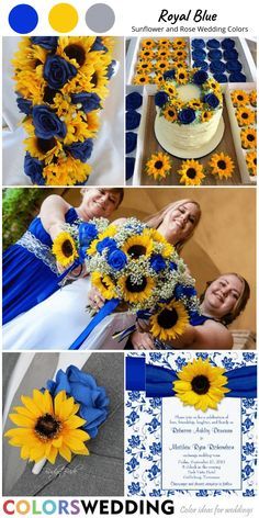 Sunflower + Royal Blue Rose Wedding: royal blue bridesmaid dresses, wedding cake, bouquets, invitation, boutonniere… #sunflowerweddings #roseweddings #blueweddings #weddingideas #bridesmaiddresses Sunflower And Rose Wedding, Blue Rose Wedding, Blue Sunflower Wedding, Blue Roses Wedding, Blue And Yellow Wedding, Royal Blue Wedding Theme, Sunflower Wedding Cake, Royal Blue Bridesmaids, Sunflower Wedding Decorations