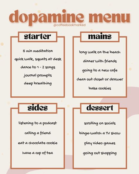 <> I’ve been seeing this all over TikTok recently so of course I wanted to create my own dopamine menu. A dopamine menu is a new journaling technique that lists a bunch of activities that gives you those “feel-good” emotions. What’s on your dopamine menu? Swipe for templates! 👉🏽 More templates available on my blog! 🔗 coffeebookmarked.com 🏷️ #journaling #journalideas #DopamineMenu #journalprompts #coffeebookmarked Dopamine Menu Template, Dopamine Activities, Dopamine Menu Ideas, Dopamine Design, Ozempic Diet, Happy Brain, Bullet Journal Work, Improve Life, Mental Health Therapy