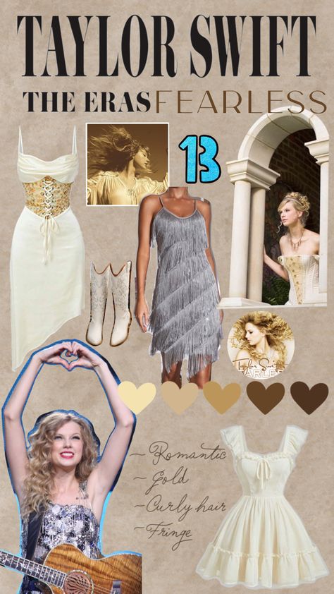 Taylor Swift Fearless Aesthetic The Eras Tour Country 13 Heart Hand Love Story Fringe Dress Cowboy Boots Curly Hair outfit look inspo Taylor Swift Love Story Outfit Ideas, Love Story Eras Tour Outfit, Fearless Era Aesthetic, Taylor Swift Fearless Era Aesthetic, Swiftie Sleepover, Taylor Swift Fearless Aesthetic, Fearless Aesthetic, Ts Outfits, Dress Cowboy Boots