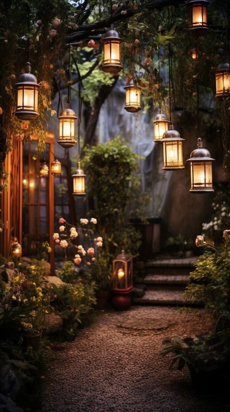 Hanging Lanterns In Trees, Hanging Lights Tree, Magical Front Yard, Fantasy Garden Ideas, Secret Garden Aesthetic Night, Magical Garden Aesthetic, Lanterns On Trees, Beautiful Gardens Magical, Tree Lanterns Hanging