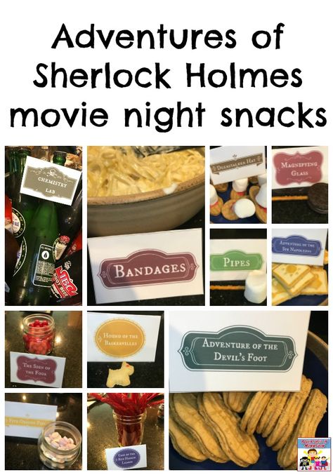 Sherlock Holmes #bookclub or #movienight snacks, great for after you've read it for your #homeschool #reading #highschool Detective Snacks, Sherlock Holmes Party Food, Sherlock Holmes Party Ideas, Sherlock Holmes Party, Sherlock Birthday, Sherlock Holmes Room Decor, Sherlock Holmes Book Nook, Sherlock Holmes Books, Book Club Snacks