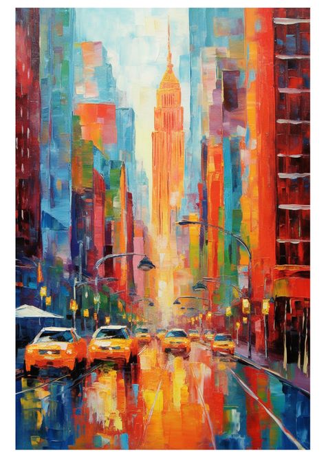 Oil Pastel Cityscape, Postcard Printable, New York Painting, Colorful Inspiration, City Scapes, Background Pics, Contemporary Watercolor, Digital Art Gallery, Concrete Texture