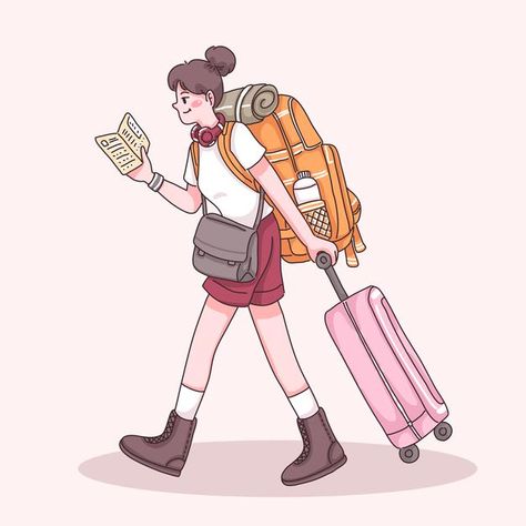 Travelling Illustration Art, Girl Travel Drawing, Travelling Sketch, Travel Cartoon Illustration, Traveller Illustration, Traveler Drawing, Traveler Illustration, Travelling Illustration, Traveling Drawing