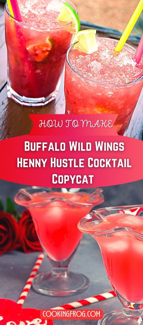 A refreshing Henny Hustle cocktail in a glass, garnished with a lemon wheel. This cocktail features a blend of Hennessy, Triple Sec, Lemon Sour, and Strawberry Puree, inspired by the popular Buffalo Wild Wings recipe. Hennessy Mixed Drinks Recipes, Cognac Drinks Cocktails, Henny Cocktails, Harry Buffalo Drink Recipe, Mixed Drinks With Hennessy, Henesy Drink, Hennessy Drinks Recipes Cocktails, Drinks With Hennessy, Hennessey Drink Recipes