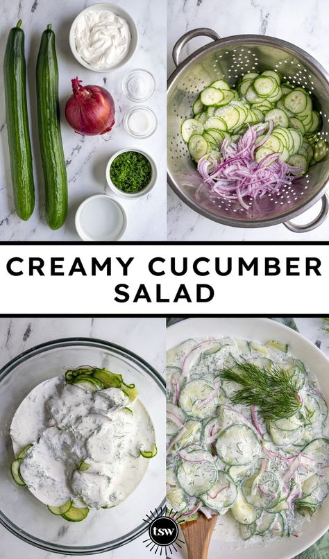 Creamy Cucumber Salad Recipe - The Schmidty Wife Cucumber Cream Cheese Salad, Cucumber Salad Creamy, Cream Cheese Salad, Cucumber Cream Cheese, Summertime Salads, Cucumber Salad Recipe, Creamy Cucumber Salad, Creamy Cucumbers, Summer Menu