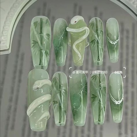 Japanese Green Nail Art, Green Nails Chinese, Japanese Abstract Nail Art, Edgy Green Nails, 3d Marble Nails, Watercolor Marble Nails, Lotus Flower Nail Design, Watercolor Gel Nails, Cute Green Nail Designs