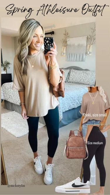 Court Legacy Outfit, Styling White Sneakers, Nike Court Legacy Outfit, Sneakers With Leggings, Leggings Travel Outfit, School Drop Off Outfit, Casual Shopping Outfit, Casual Leggings Outfit, Spring Weekend Outfit