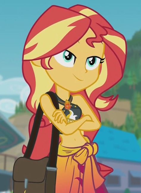 Sunset Shimmer Swimsuit, Sunset Shimmer Wallpaper, Sunset Shimmer Fanart, Shimmer Swimsuit, Sunset Shimmer Pony, Forgotten Friendship, Button Clothes, Crossed Arms, My Little Pony Applejack