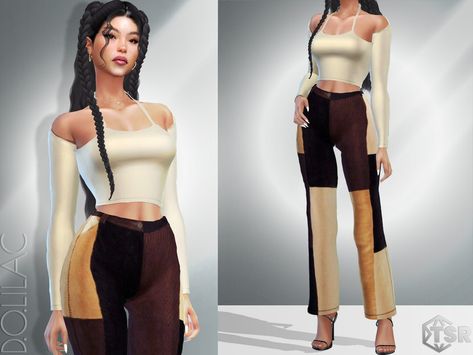 The Sims Resource - Patchwork Flared Corduroy Pants DO013 Sims 4 Patchwork, Pants Sims 4 Cc, Flared Corduroy Pants, Rihanna Dress, Cc Furniture, Patchwork Pants, Satin Mini Skirt, Cutout Top, Sims 4 Mods Clothes