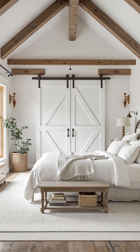 White Bedroom Ideas Barnwood Beams, White Farmhouse Bedroom, Farmhouse Bedroom Inspirations, Rustic Farmhouse Bedroom, White Bedroom Ideas, Restful Bedrooms, Farmhouse Theme, White Bedroom Decor, Sophisticated Bedroom