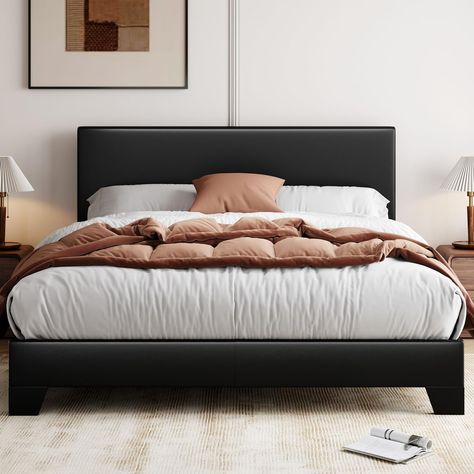 PRICES MAY VARY. All-Match Fashion& Comfort: The bed frame is crafted from high-quality faux leather, giving it a sleek look. The design is simple yet elegant, making it a versatile choice for any bedroom decor. The leather material is waterproof and easy to clean. Adjustable Headboard: The headboard of the bed frame has 3 height levels: 32.3, 34.3, and 36.3 inches, which can accommodate mattresses 8-14 inches thick. Durable Construction: Featuring a sturdy wood beam and metal legs that provide Tatami Bed, Leather Platform Bed, King Size Platform Bed, Folding Mattress, Queen Size Platform Bed, Full Size Bed Frame, Leather Headboard, King Size Bed Frame, Queen Size Bed Frames