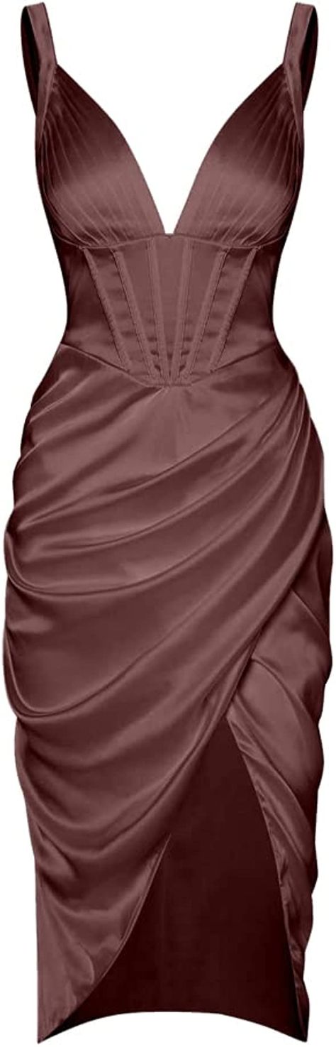 ZAFUL Women's Silky Pleated Draped Bustier Corset-Style Deep V Neck Midi Dress (A-Deep Coffee, L) at Amazon Women’s Clothing store Corset Dress Formal, Classy Clothing, Corset Dresses, Dress Skirts, Cami Midi Dress, Cowl Dress, Draped Skirt, Silky Dress, V Neck Midi Dress